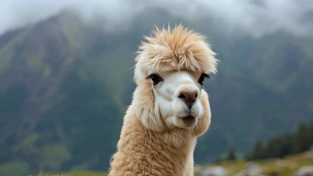 Alpaca animal camelid livestock mountain fog. fluffy cream portrait misty meadow with calm