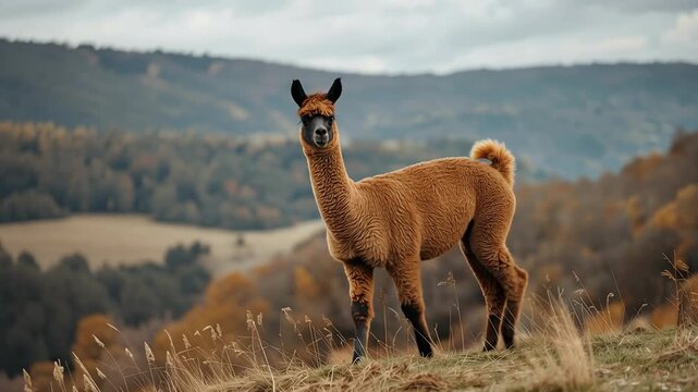 Young brown alpaca standing grassy hill with misty autumn hills and cloudy sky fur wool camelid