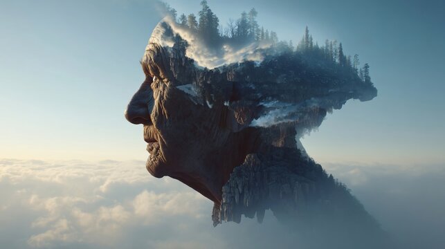 Reflection of Life's Journey: A portrait of a senior individual, subtly layered with a landscape of mountains and sky, symbolizing introspection, experience.
