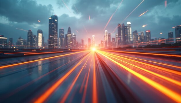 Glowing orange light streaks rush towards a futuristic city skyline at dusk. Represents fast data transfer, urban connectivity, and high-speed internet. Future tech, cyberspace.