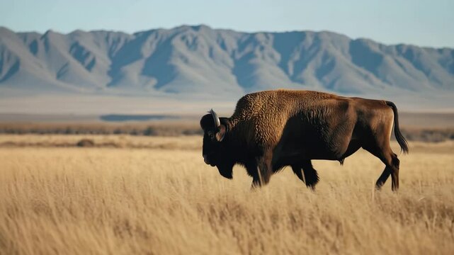 American bison herd mammal grazing across golden prairie grassland with distant mesas and mountain