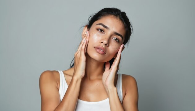 Indian woman with dark circles and freckles on her face touches cheeks gently. Female person shows skin texture and visible imperfections. Concept of natural beauty and cosmetic care.