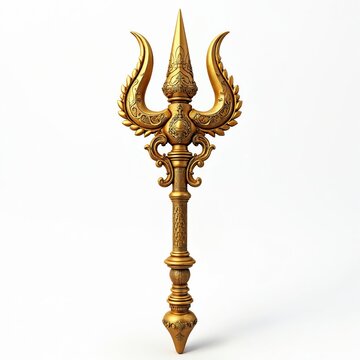 Golden trident detailed 3d render of lord shivas trident isolated on white background. Ornate divine weapon with intricate carvings hinduism power, spirituality. Indian mythology sacred icon.