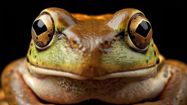 Close up frog portrait glossy skin reflective eyes calm intimate dramatic amphibian close up
