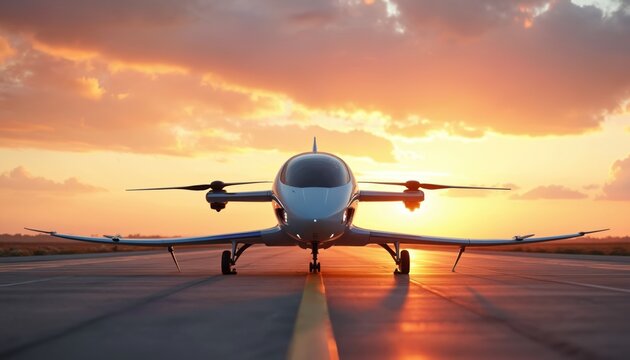 Futuristic electric VTOL aircraft waits on runway at sunset. Sleek rotorcraft poised for flight. Advanced air taxi concept for future urban mobility.