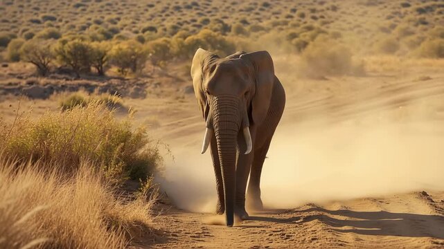 Young African elephant walking dusty savanna and safari road golden hour with dramatic warm light