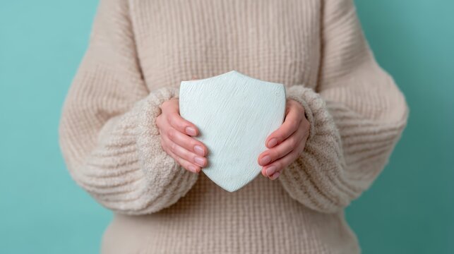 Person in a beige sweater holding a white shield symbolizing protection or security against a blue background.
