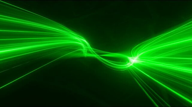 Abstract glowing neon green light trails sweeping across a dark black void