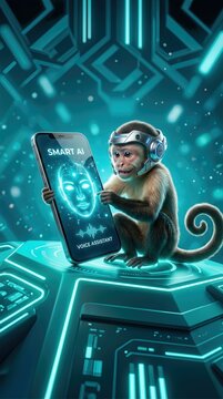 A futuristic capuchin monkey wearing advanced cybernetic headphones touches a glowing holographic face on a smartphone screen, set against a vibrant neon blue digital technological background.