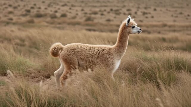 Young vicuna and camelid running through grassland with young cream alpaca serene curiosity
