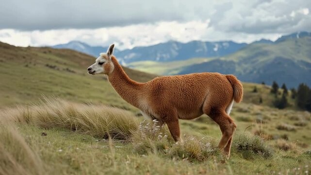 Alpaca grazing and walking alpine meadow with brown animal mammal camelid against cloudy mountain