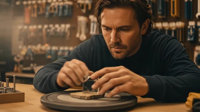 Man meticulously crafting a miniature model in his workshop.