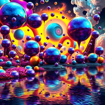 composici&oacute;n que muestra esferas 3D con aspecto met&aacute;lico flotando en un mar de luces brillantes