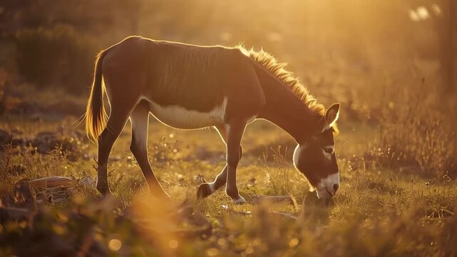 Young donkey grazing golden sunset field meadow golden hour pasture warm backlight grazing foal