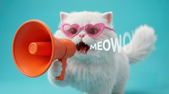 Funny fluffy white cat wearing pink heart-shaped sunglasses shouting into an orange megaphone with a MEOWOW text effect against a vibrant turquoise background