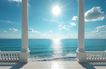 Fototapeta premium Bright sunny day over blue ocean seen from white balcony with columns. Calm sea waves wash shore under clear sky. Vacation relaxation ambiance.