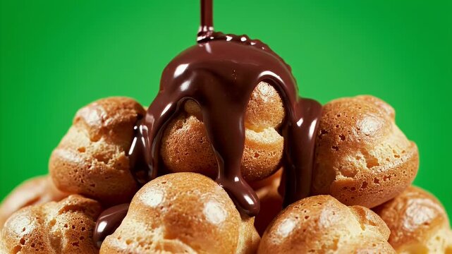 Ultra Detailed Cinematic Food Commercial Video of Golden Brown Profiteroles Stack With Rich Dark Chocolate Sauce Pouring on Top Isolated on Green Screen Background