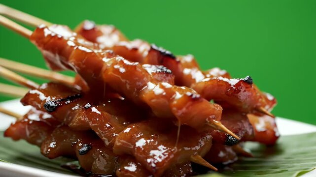 Ultra Detailed Cinematic Food Commercial Video of Thai Moo Ping Pork Skewers Glazed and Grilled on Green Screen Background