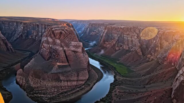 Stunning aerial view of the Horseshoe Bend canyon at sunset.