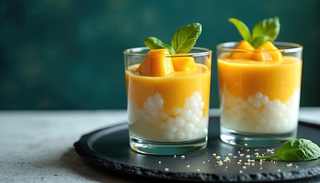 Two glasses of creamy mango sago dessert with fresh mango chunks and basil leaves. Sweet, cold, tropical fruit drink served on dark plate. Delicious healthy food.