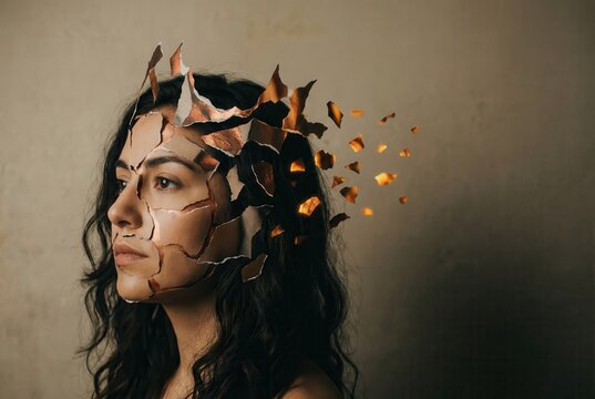 A woman with a fragmented visage revealing her thoughts through broken layers symbolizing creativity innovation and the transformative power of self discovery