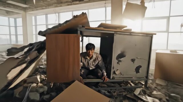 Man Survives Devastation in Ruined Office Building.