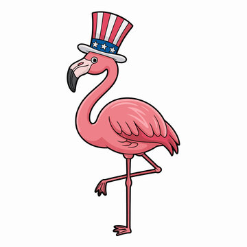 A cartoon flamingo stands on one leg, wearing a hat adorned with stars and stripes.