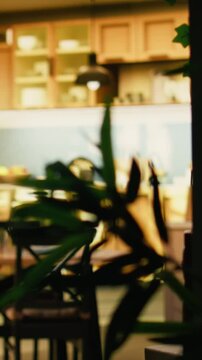 Vertical Video Contemporary home interior showing empty corridor in a modern apartment, warm interior light and wooden floor. Minimalist decoration creates a cozy fashionable domestic life atmosphere.