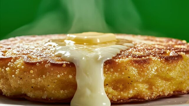 Warm Golden Arepa Topped With Melting Butter And Honey On Green Background Macro Shot Cinematic Food Commercial
