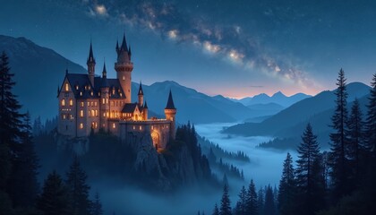 Fototapeta premium Fairytale castle on mountain cliff at night with fog and starry sky. Majestic towers glow warm light above misty forest valley. Dramatic fantasy landscape with distant peaks.