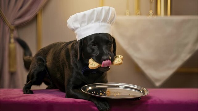 Charming black Labrador retriever wearing a white chef's hat and bow tie picks up a fancy decorated bone-shaped treat from a silver platter in a luxurious setting.