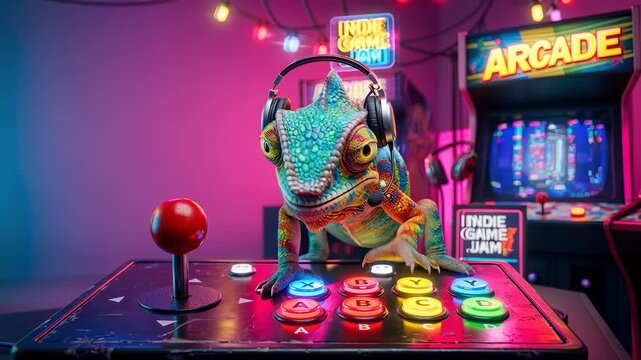 Enthusiastic colorful chameleon gamer wearing a headset and playing on a retro arcade joystick controller in a vibrant neon-lit arcade environment with game jam signs and machines.