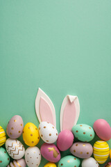 Fototapeta premium Pastel Easter eggs and bunny ears on green background for celebration greeting