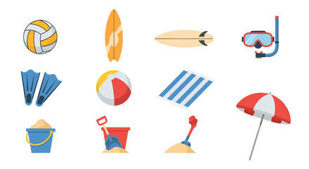 Beach icon set with various summer items on white background © MuhammadAbdulJalil01