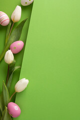 Naklejka premium Easter eggs and tulip bouquet on bright green background for spring celebration and greeting