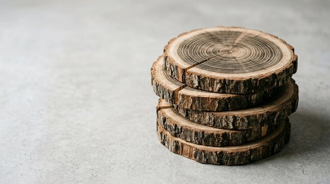 stack of natural round wood slices with tree rings and bark on grey stone surface for rustic home decor