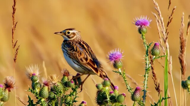 A small bird perches on a thistle, with soft background of dried grass
