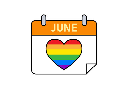 Calendario del mes de junio con un coraz&oacute;n con los colores del arco&iacute;ris para el mes del orgullo lgbtq