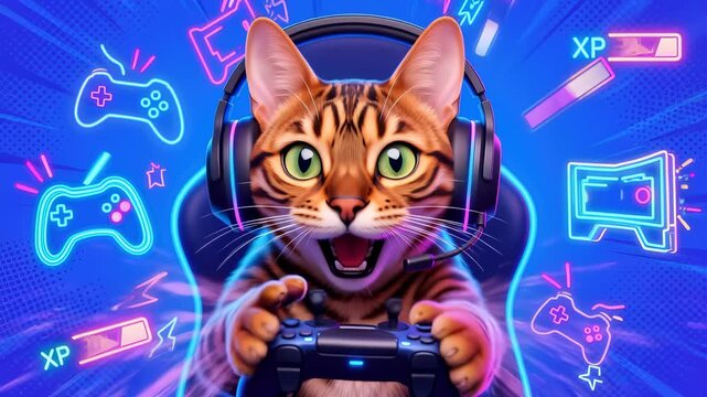 Adorable Tabby Cat Wearing Headset Gaming with a Controller, Looking Excited and Happy in a Chair Surrounded by Vibrant Neon Graphics, XP Bars, and Glowing Icons in a Blue Room.