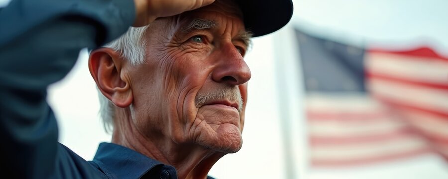 Elderly man in cap salutes respectfully outdoors. American flag waves in blurred background. Mature veteran shows pride and honor during national holiday.