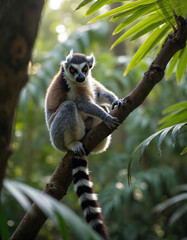 Fototapeta premium Ring tailed lemur monkey climbs tree branch in tropical forest. Primate with striped tail looks intently. Wildlife mammal sits on wood in natural habitat.