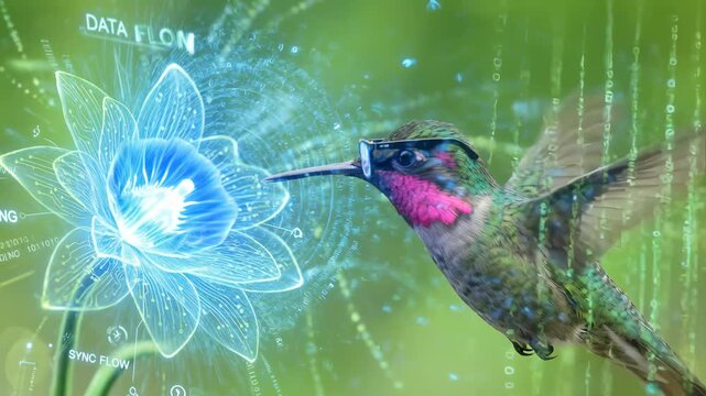 Smart hummingbird wearing glasses pollinating a glowing digital holographic flower with flowing data streams and binary code, conceptualizing the fusion of nature and technology.