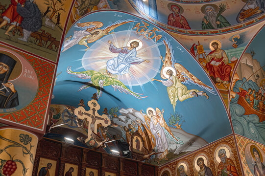 Byzantine art depicting Jesus Christ ascension with angels in Agios Nikolaos church in Protaras, Cyprus