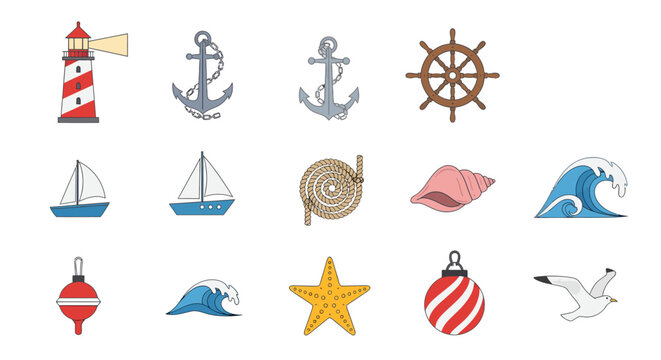 Nautical icon set features lighthouse, anchors, and ships on a white background.