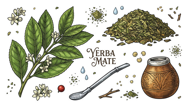 Yerba Mate Tea Vector Illustration Set Featuring Botanical Branch, Leaves, Flowers, Dried Tea, Calabash Gourd, and Bombilla Straw in a Vintage Hand-Drawn Engraving Style