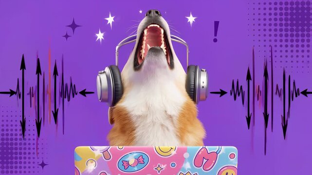 Adorable Corgi dog wearing sunglasses and headphones dancing to music in front of a colorful laptop with a vibrant purple background featuring graphic sound waves and stars.