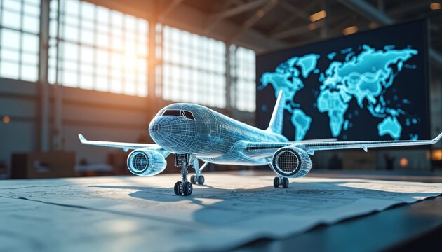 Airplane blueprint model rests on desk with global map display. Aviation engineering and design concepts are explored in a modern hangar workshop.
