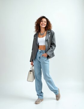 Young woman with curly hair wears leather jacket and jeans. She smiles holding a white handbag. Casual urban fashion style. Confident, happy pose.