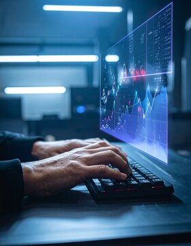 Conceptual image of person using a computer, manipulating data, charts and information