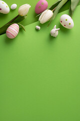 Naklejka premium Easter eggs and tulip bouquet on bright green background for spring celebration and greeting